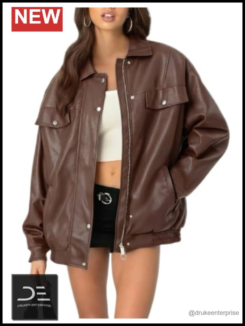 Oversized Faux Leather Bomber Jacket Zip Up Motorcycle Coat